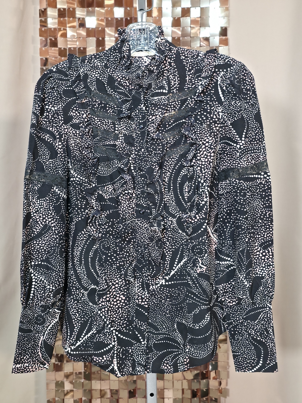Joe's Jeans Ruffle Silk Blouse | Black Pink Dot Lace Trim | PTP 19"
